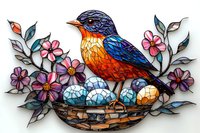 Colorful bird sitting on nest with blue eggs surrounded by pink flowers, stained glass style artwork with detailed mosaic pattern and nature illustration.