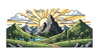 Stylized mountain landscape with dramatic sunburst rays breaking through clouds over rolling green hills and valleys in comic book art style.