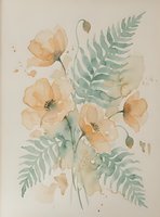 Watercolor botanical arrangement with peach flowers and green ferns on textured paper background for wedding invitations and home decor projects.