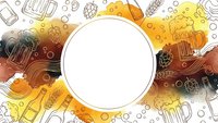 Beer brewing ingredients and equipment frame with white circle space for text on colorful background with hops barley malt and brewing tools.