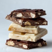 Stack of dark and white chocolate pieces with nuts on light background, showcasing contrasting layers of sweet treats for dessert recipes.