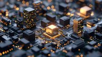 Glowing microchip architecture with illuminated processor and circuit components in dark blue tones, creating futuristic cityscape effect with golden light elements.