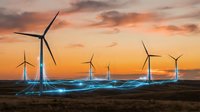 Wind turbines generating renewable energy with glowing electrical connections at sunset, showcasing sustainable power technology and green electricity infrastructure.