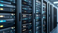 Modern server room with rows of network equipment and blinking LED lights in dark blue tones. Data center interior showing high-tech computing hardware.