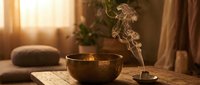 Brass singing bowl with incense smoke rising in warm sunlit room creating peaceful meditation atmosphere for wellness and mindfulness practices.