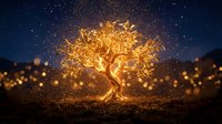 Glowing golden tree with luminous branches and sparkling particles against dark night sky with bokeh lights, symbolizing growth, energy, and inspiration for creative projects.