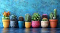 Colorful collection of potted succulents and cacti arranged in a row against textured blue wall background, creating modern minimalist home decor composition.