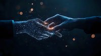 Glowing digital hands reaching toward each other, creating particle effect connection against dark background, symbolizing technology and human connection.