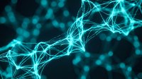 Glowing cyan neural network connections with electric blue synapses firing across dark background for technology and artificial intelligence concepts.