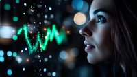 Young businesswoman analyzing financial market data with glowing green trading chart reflection, bokeh lights creating futuristic atmosphere.