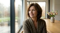 Mature woman with shoulder-length brown hair and fair complexion wearing a knit cardigan, smiling while looking out large windows in a bright modern home interior with wooden furniture and fresh flowers.