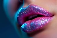 Close up of sensual lips covered in pink and blue sparkling glitter makeup against dark background, showcasing creative cosmetic artistry and glamorous beauty.