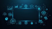 Digital technology frame with glowing blue icons including charts, gears, cloud computing, security locks and data analytics on dark background for presentations.