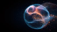 Glowing particle sphere with luminous blue and orange trails floating in dark space, abstract digital art visualization showing energy flow and motion.