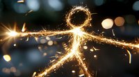 Glowing sparkler forming stick figure shape against dark background with bokeh lights. Creative long exposure photography captures flying sparks and light trails.