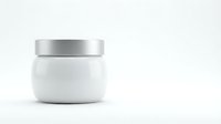 White cosmetic jar with silver metallic lid isolated on white background, ready for skincare product packaging design, branding mockups, and beauty industry applications.