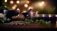 Dark mortar and pestle with dried herbs, glass jars filled with purple potion surrounded by fresh green leaves and magical bokeh lights creating mystical atmosphere.
