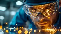 Industrial worker in protective goggles with flying sparks and bokeh lights during metal grinding process, close-up dramatic portrait in workshop.