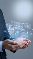 Businessman hands presenting holographic digital network interface with glowing connections and data visualization for modern technology solutions.