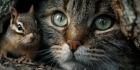 Adorable tabby kitten with bright green eyes lying next to curious chipmunk in natural outdoor setting. Perfect for pet care and wildlife friendship concepts.