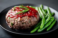Juicy meat patty topped with red sauce and rosemary served on black plate with steamed green beans. Close up food photography with selective focus.