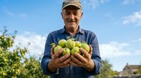 Senior male farmer with weathered hands displaying freshly harvested apples in orchard setting. Caucasian man wearing cap and work shirt holds organic fruit crop outdoors under blue sky.