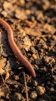 Earthworm crawling through rich dark soil with organic matter, showcasing natural decomposition and soil health for gardening and agriculture concepts.