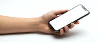 Hand holding modern smartphone with blank white screen isolated on white background for mockup and app presentation design.