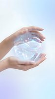 Hands protecting glowing holographic sphere with flowing energy streams and sparkles on gradient background for technology and innovation concepts.