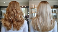 Long wavy blonde hair comparison showing warm caramel balayage and cool platinum blonde styles from back view in modern salon setting with professional lighting.
