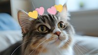 Adorable fluffy cat with heart decorations above head looking up with bright yellow eyes and curious expression, close up portrait on soft background.