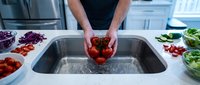 Male chef washing fresh red bell peppers in kitchen sink during food preparation for cooking, culinary work, and restaurant meal planning.