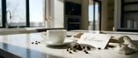 White ceramic coffee cup on marble countertop with welcome card and scattered coffee beans, warm morning light in modern kitchen interior.