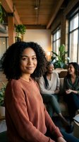 Smiling African American woman with curly hair in cozy sweater at modern office space with colleagues in background for teamwork and workplace diversity.