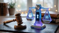 Digital privacy law concept with glowing holographic scales balancing security lock and surveillance eye icons beside wooden gavel on desk.