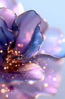 Magical flower petals in purple and blue tones with golden sparkles and bokeh effects creating dreamy artistic macro composition for fantasy backgrounds.