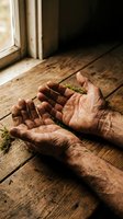 Weathered elderly hands open on rustic wooden surface with moss, showing hard work and life experience in warm natural light.