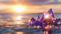 Magical purple crystal formation emerging from rippling water at sunset, with golden sunlight creating mystical reflections and sparkles on waves surface.
