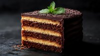 Layered chocolate cake slice with caramel cream filling and mint garnish on dark background, macro shot showing detailed texture of moist cake layers.