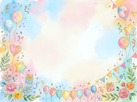 Watercolor celebration border with balloons, confetti, bunting flags, gift boxes, stars, hearts, and floral elements on white background. Isolated design perfect for invitations, greeting cards, posters, and party decorations.