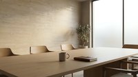 Modern minimalist conference room with wooden table, chairs, and natural light from large windows, suitable for corporate, business, and office design projects.