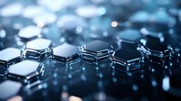 Futuristic hexagonal pattern with metallic surface reflecting blue light, abstract technology background with depth of field and bokeh effect for tech presentations.