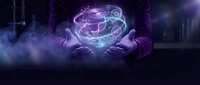 Hands holding glowing holographic digital sphere with swirling energy patterns in purple and blue colors against dark futuristic background.