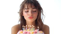 Young woman with closed eyes making wish while blowing out candles on colorful birthday cake, celebrating special moment with peaceful expression.