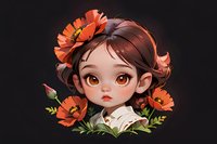 Charming digital art illustration of a young girl with big brown eyes surrounded by vibrant orange poppies and green foliage on dark background, perfect for children's book or fantasy design.