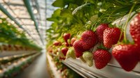 Fresh ripe strawberries growing in modern greenhouse hydroponic system with green leaves and white flowers ready for harvest in agricultural facility.