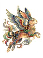 Ornate winged rabbit with colorful Asian-style patterns and gold details, isolated on transparent background. Great for stickers, t-shirt design, and print on demand.