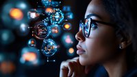 Young African American businesswoman in glasses looking at glowing digital interface with data visualization and analytics elements floating in dark space.