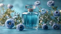 Elegant glass perfume bottle with blue liquid surrounded by delicate blue roses on turquoise background, luxury fragrance and floral composition for beauty advertising.