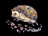 Decorative hedgehog leaping over cherry blossom branch with Japanese wave patterns, isolated on transparent background, ready for stickers, t-shirt design, and print on demand.